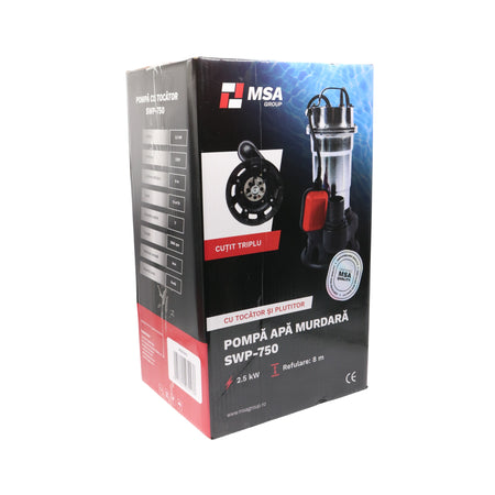 Pompa apă murdară cu tocător MSA SWP-750, 2.5 kW, cuțit triplu, inox, debit 15 m³/h, evacuare 2”, cu plutitor