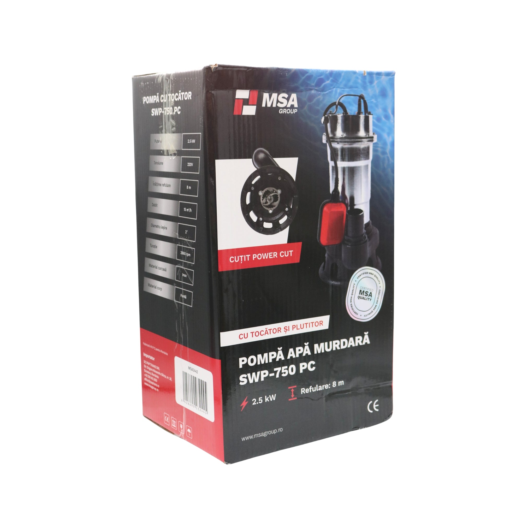 Pompa apă murdară cu tocător MSA SWP-750 PC, 2.5 kW, Power Cut, inox, debit 15 m³/h, evacuare 2”, cu plutitor