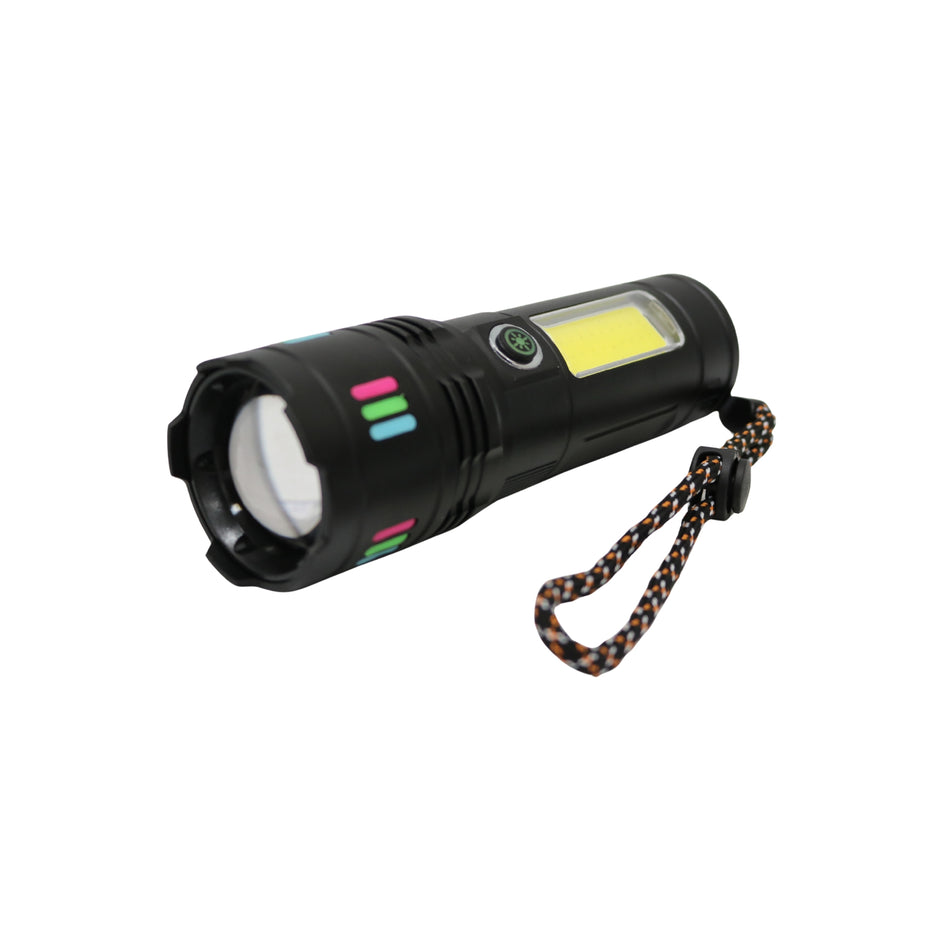 Lanternă reîncărcabilă metalică cu lumină frontală și laterală, USB