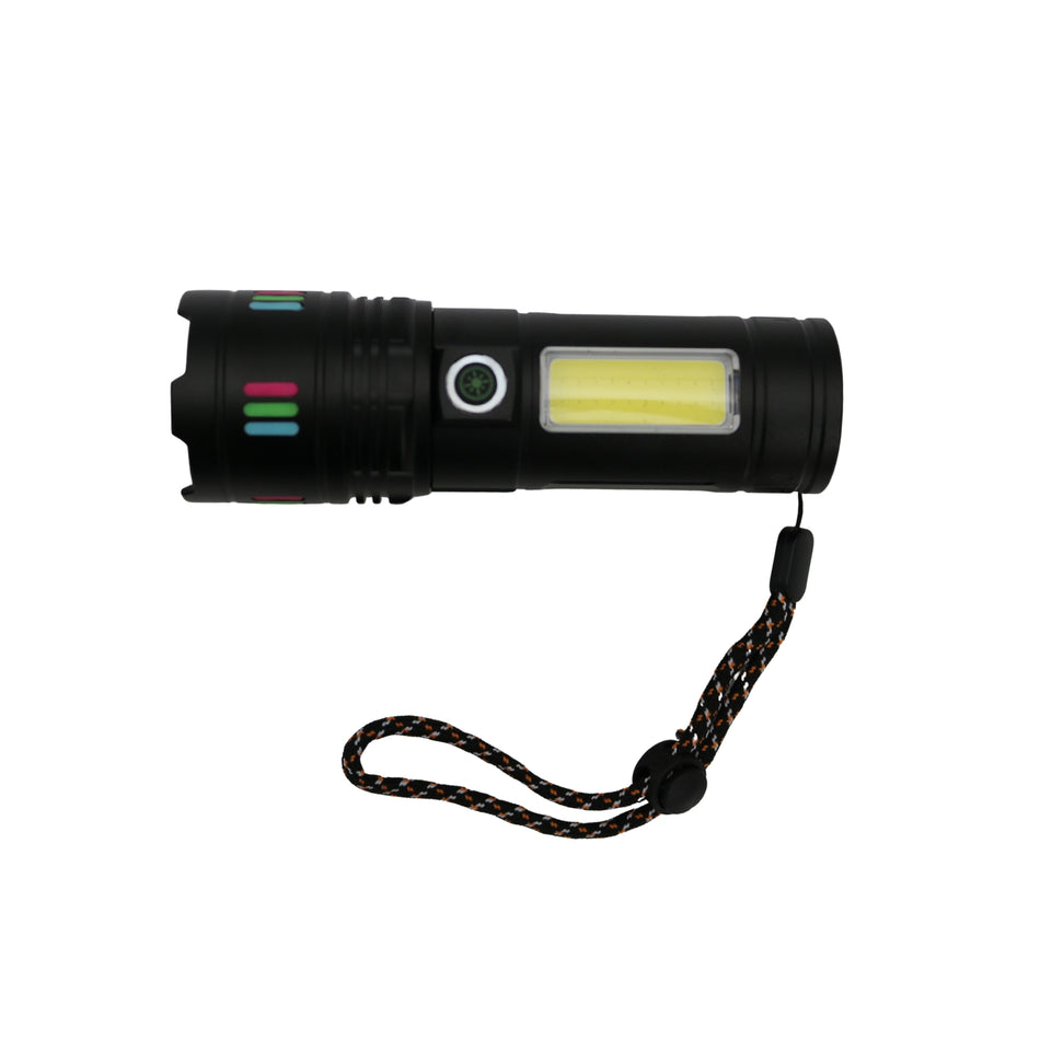 Lanternă reîncărcabilă metalică cu lumină frontală și laterală, USB