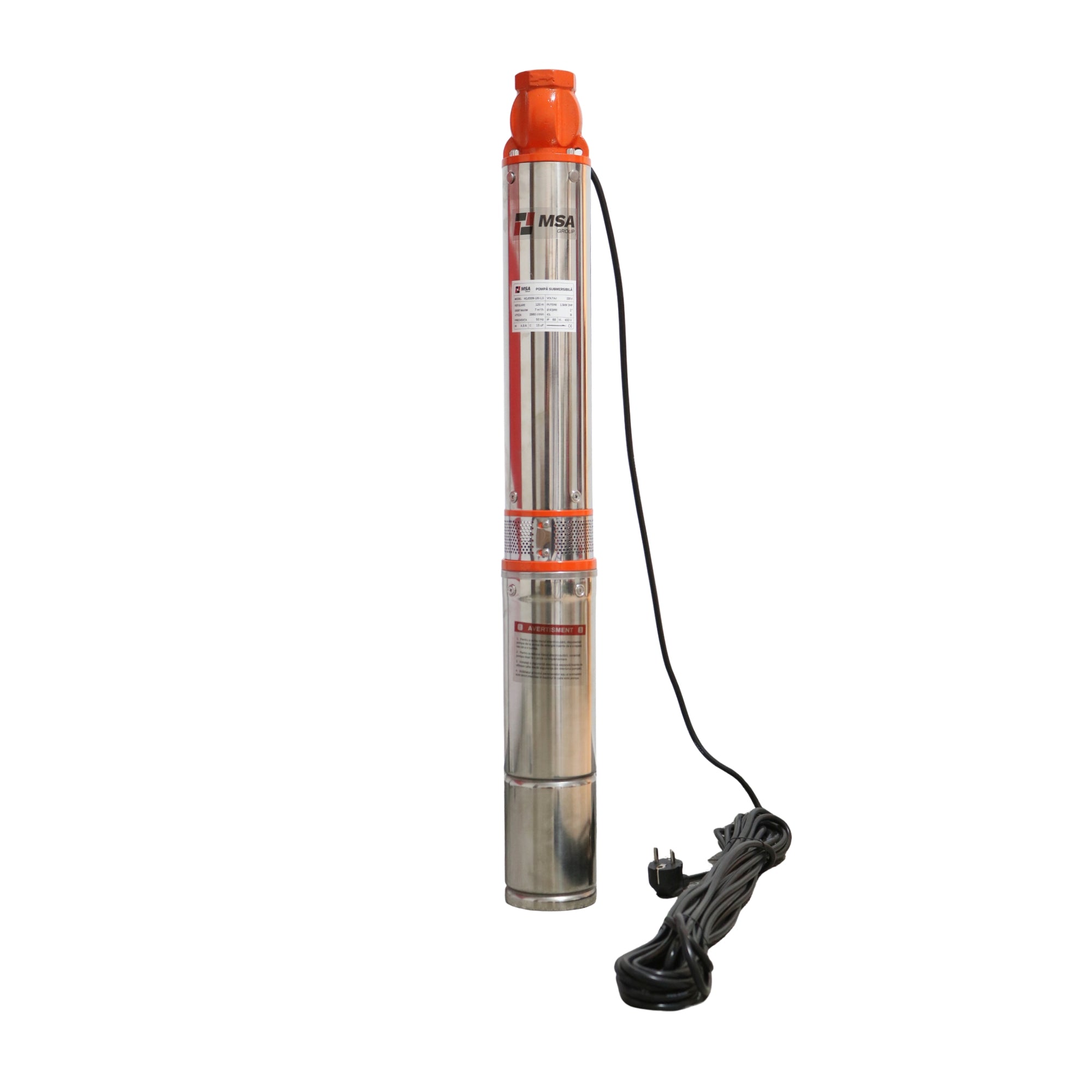 Pompa submersibilă de adâncime MSA 4QJD2/8-120-1.5, 1.5 kW, 8 etaje, refulare 120 m, debit 7 m³/h, inox, 15 m cablu