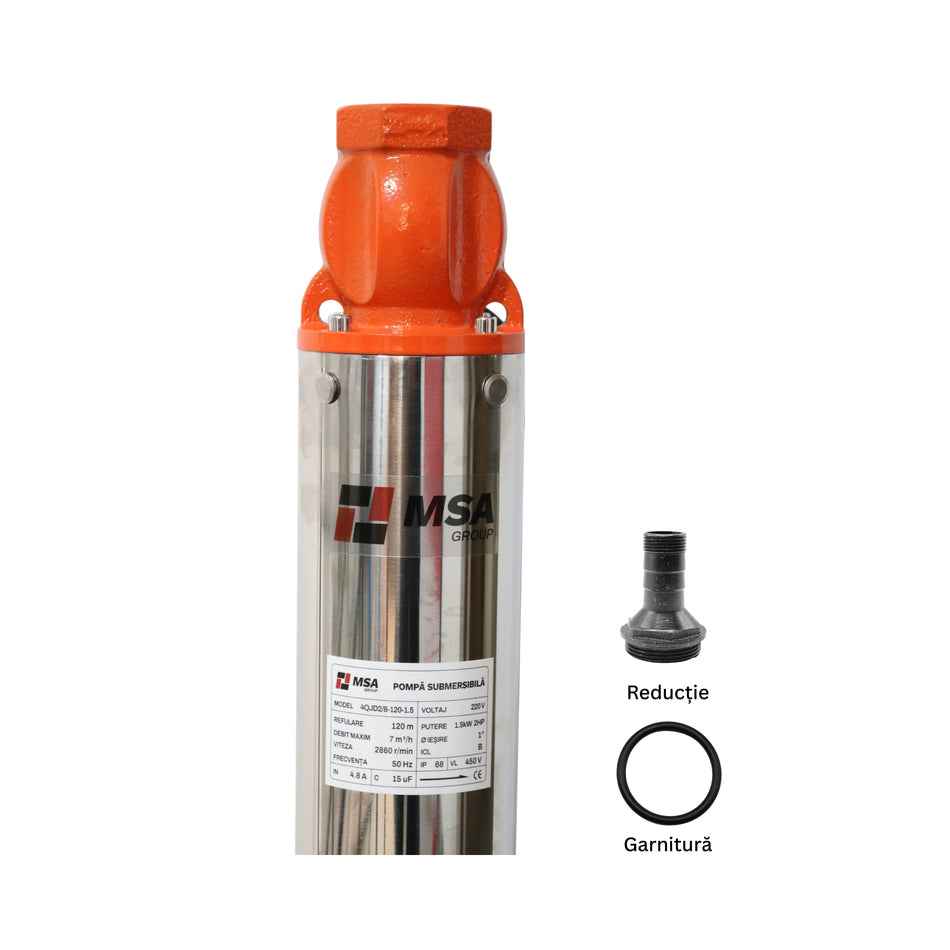 Pompa submersibilă de adâncime MSA 4QJD2/8-120-1.5, 1.5 kW, 8 etaje, refulare 120 m, debit 7 m³/h, inox, 15 m cablu
