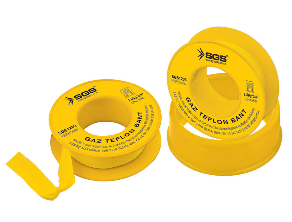 Bandă teflon pentru gaz, 12 mm × 8 m, galbenă, SGS