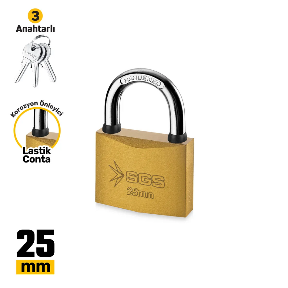 Lacăt galben din oțel 25 mm,  3 chei incluse, rezistent la coroziune – SGS1341