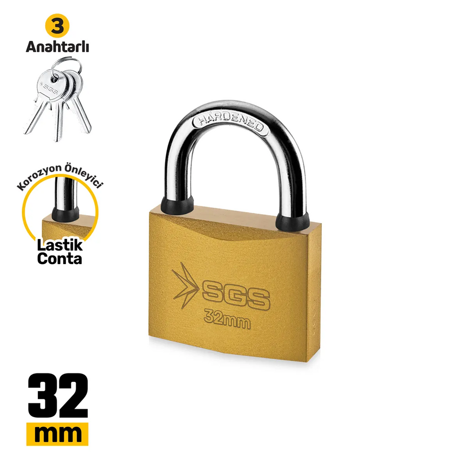 Lacăt galben din oțel 32 mm,  3 chei incluse, rezistent la coroziune – SGS1342
