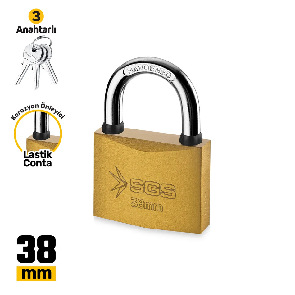 Lacăt galben din oțel 38 mm,  3 chei incluse, rezistent la coroziune – SGS1343