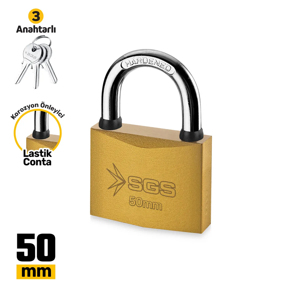 Lacăt galben din oțel 50 mm,  3 chei incluse, rezistent la coroziune – SGS1344