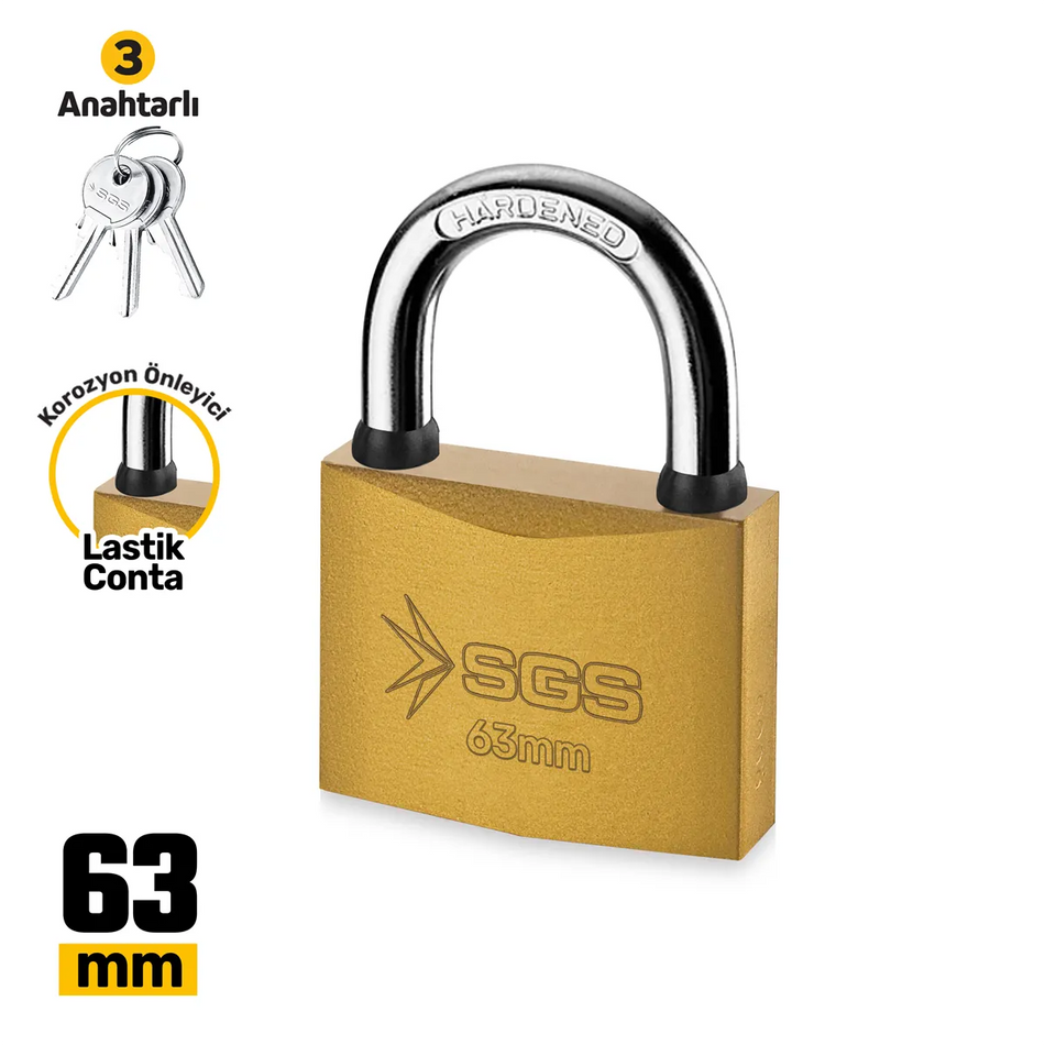 Lacăt galben din oțel 63 mm,  3 chei incluse, rezistent la coroziune – SGS1345