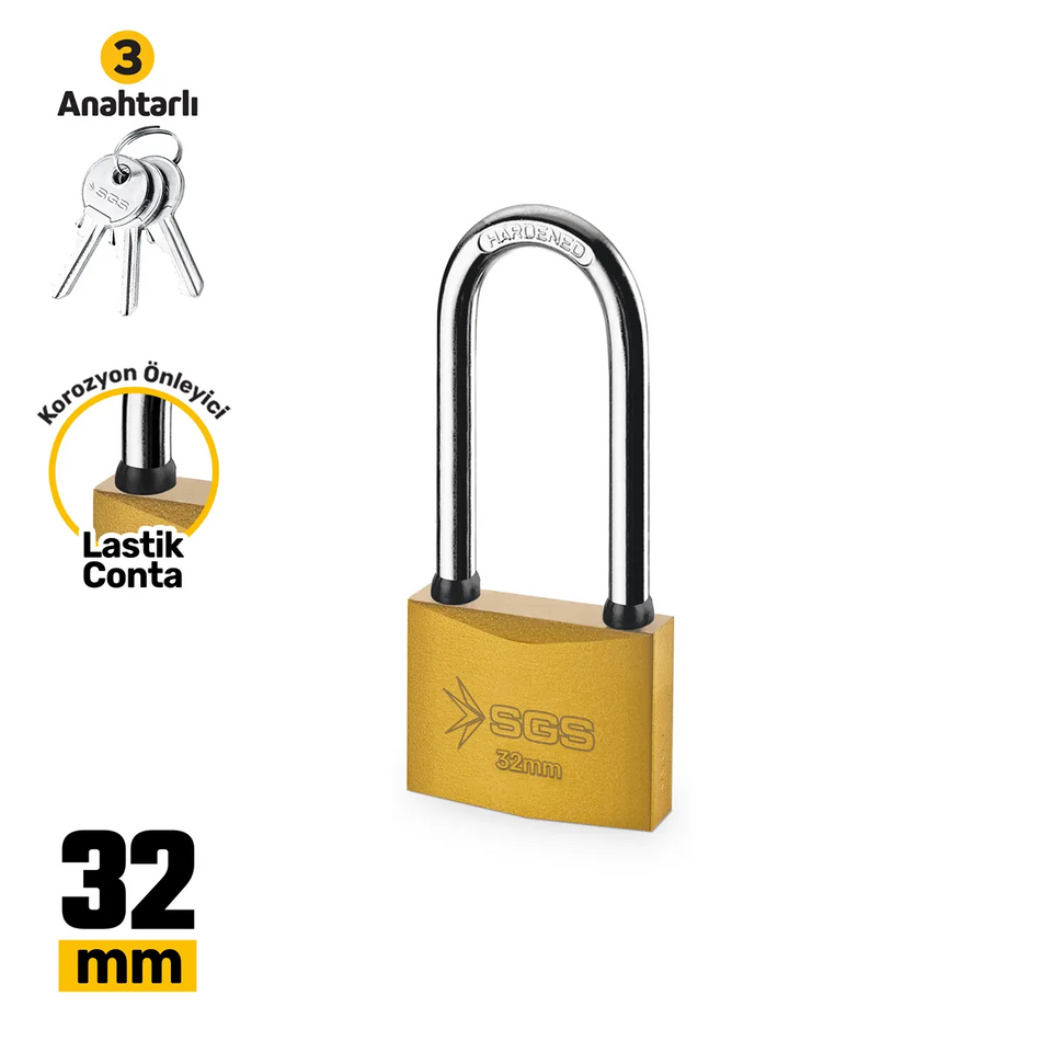 Lacăt galben 32 mm cu ancoră lungă, 3 chei incluse, rezistent la coroziune – SGS1350
