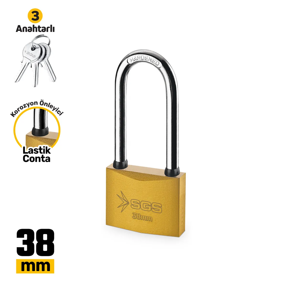 Lacăt galben 38 mm cu ancoră lungă, 3 chei incluse, rezistent la coroziune – SGS1351
