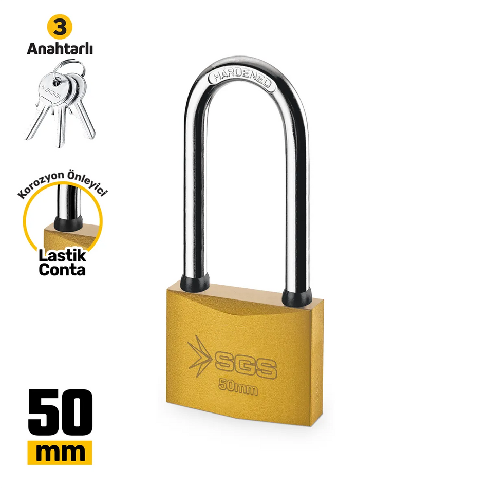 Lacăt galben 50 mm cu ancoră lungă, 3 chei incluse, rezistent la coroziune – SGS1352