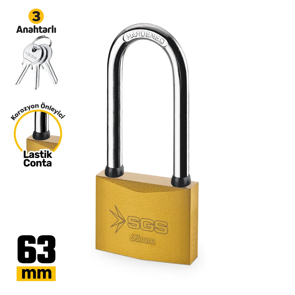 Lacăt galben 63 mm cu ancoră lungă, 3 chei incluse, rezistent la coroziune – SGS1353