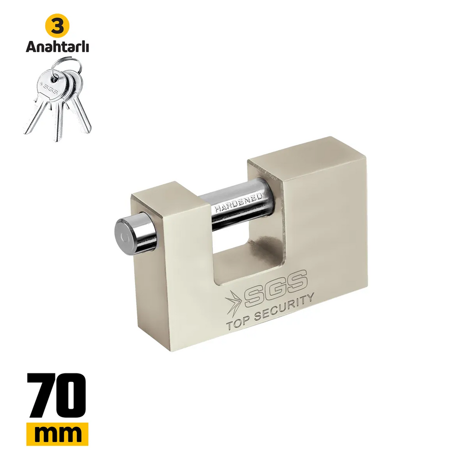 Lacăt rectangular cu bolt culisant satinat 70 mm, 3 chei incluse, rezistent la șocuri și coroziune – SGS1365