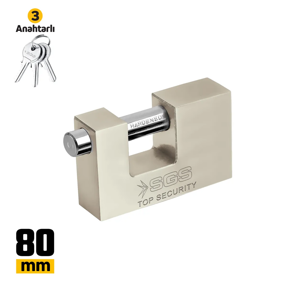 Lacăt rectangular cu bolt culisant satinat 80 mm, 3 chei incluse, rezistent la șocuri și coroziune – SGS1366