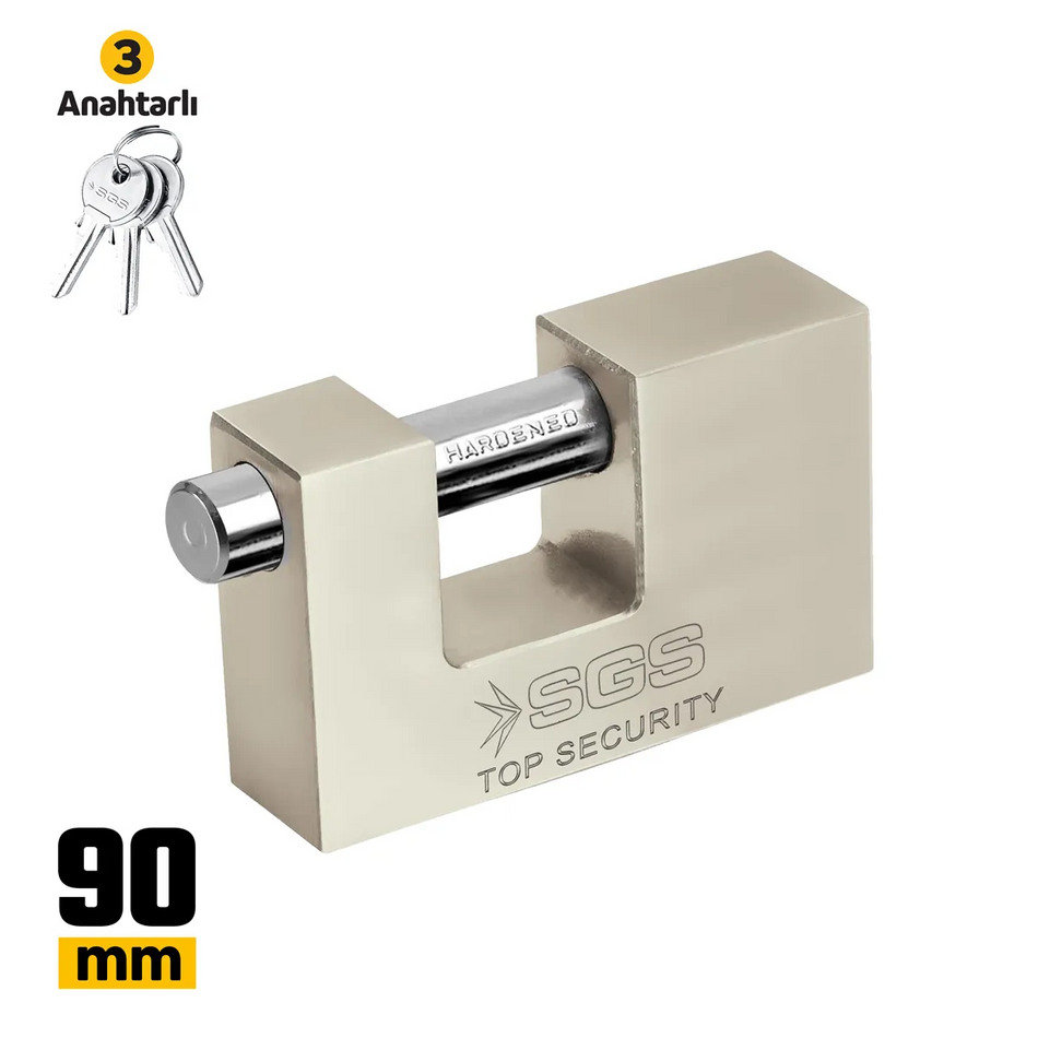 Lacăt rectangualr cu bolt culisant satinat 90 mm, 3 chei incluse, rezistent la șocuri și coroziune – SGS1367