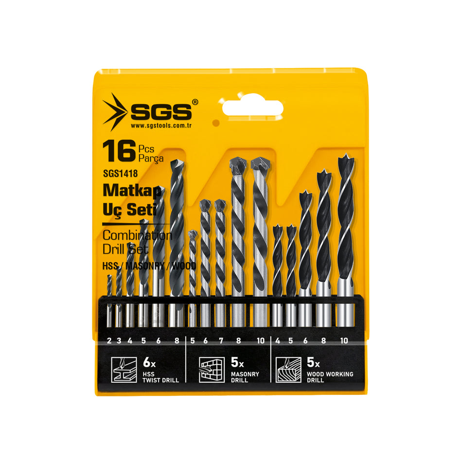 Set burghie combinat SGS1418, 16 piese, pentru metal, zidărie și lemn