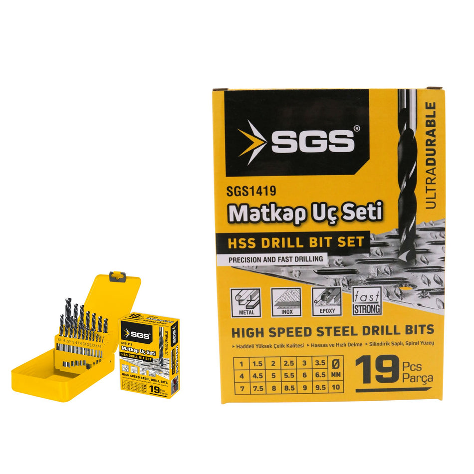 Set burghie metal elicoidale SGS, HSS, 1-10mm, 19 buc/set, Cutie metal