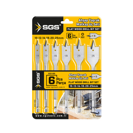 Set burghie tip paletă (frunză) pentru lemn, 6 piese, HEX, 10–25 mm, SGS