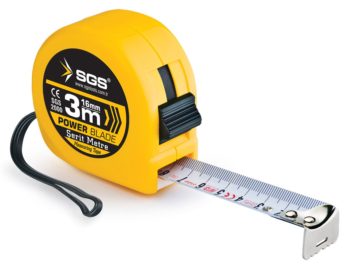 Ruletă oțel SGS 3 m x 16 mm, carcasă ABS, cu blocare și clips pentru curea