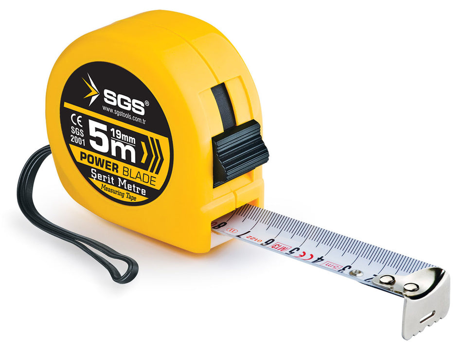 Ruletă oțel SGS 5 m x 19 mm, carcasă ABS, cu blocare și clips pentru curea