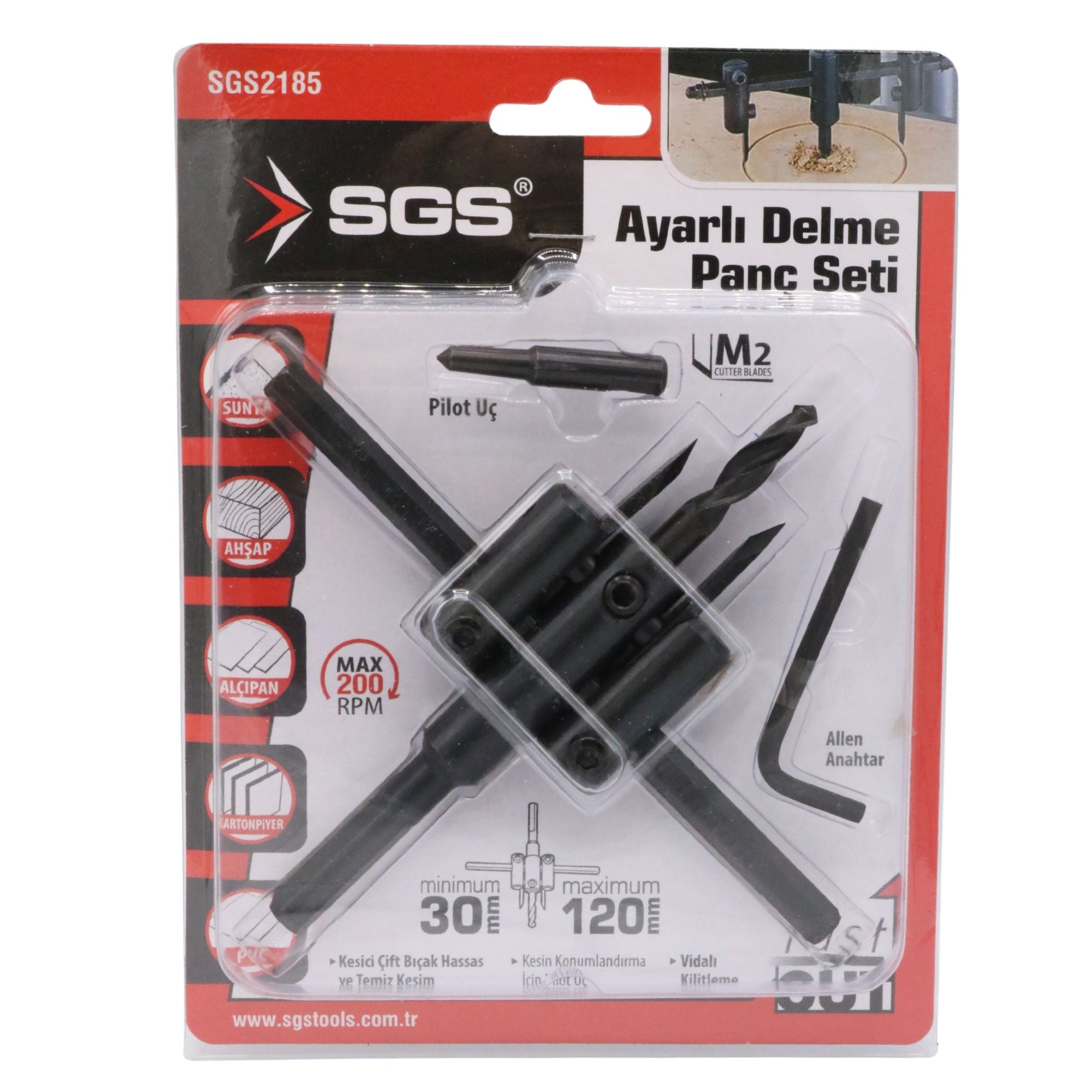 Set freză reglabilă pentru găuri circulare SGS, diametru ajustabil Ø30–120 mm, pentru lemn, MDF, PAL și PVC, corp metalic, tăiere precisă
