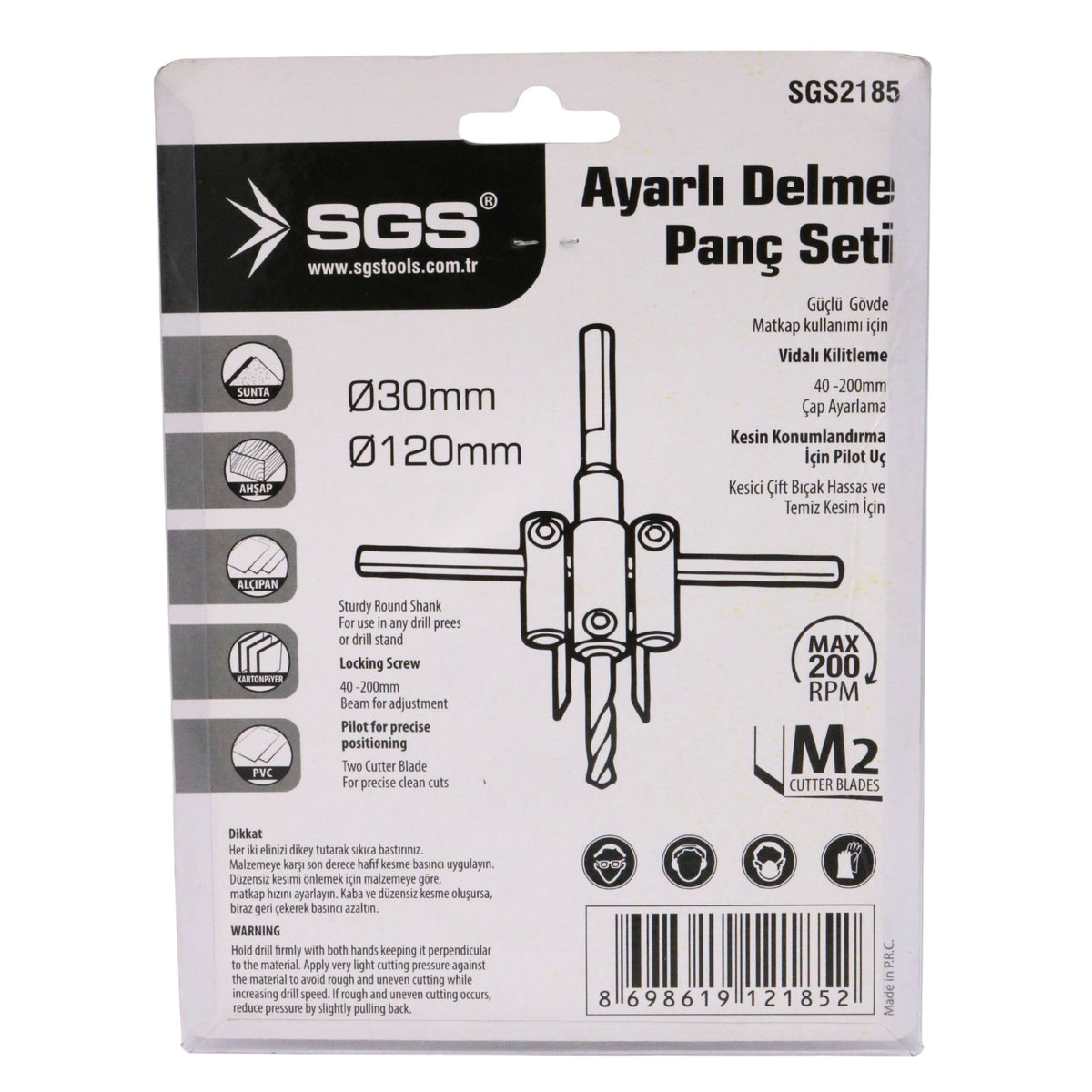 Set freză reglabilă pentru găuri circulare SGS, diametru ajustabil Ø30–120 mm, pentru lemn, MDF, PAL și PVC, corp metalic, tăiere precisă