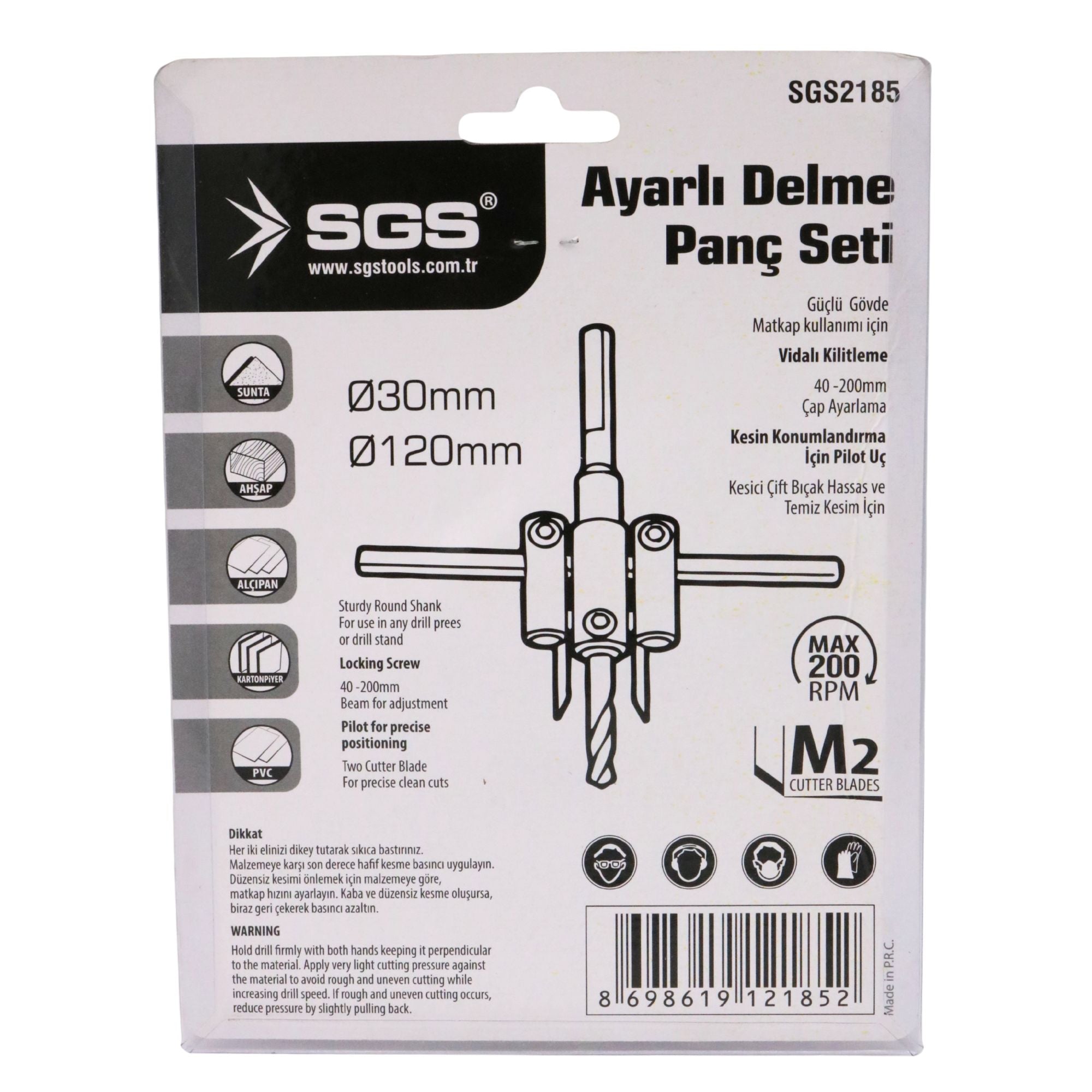 Set freză reglabilă pentru găuri circulare SGS, diametru ajustabil Ø30–120 mm, pentru lemn, MDF, PAL și PVC, corp metalic, tăiere precisă