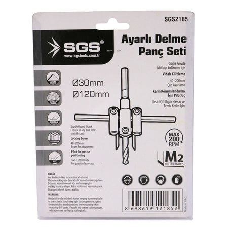 Set freză reglabilă pentru găuri circulare SGS, diametru ajustabil Ø30–120 mm, pentru lemn, MDF, PAL și PVC, corp metalic, tăiere precisă