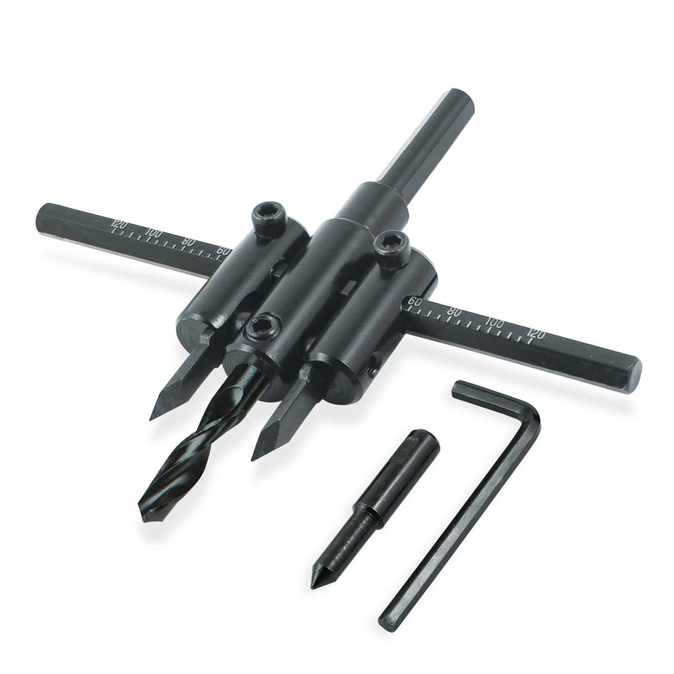 Set freză reglabilă pentru găuri circulare SGS, diametru ajustabil Ø30–120 mm, pentru lemn, MDF, PAL și PVC, corp metalic, tăiere precisă