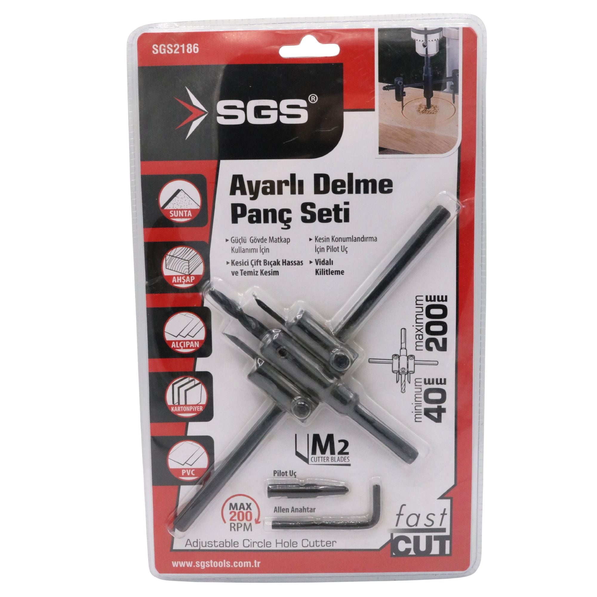 Set freză reglabilă pentru găuri circulare SGS, diametru ajustabil Ø40–200 mm, pentru lemn, MDF, PAL și PVC, corp metalic, tăiere precisă