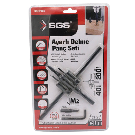 Set freză reglabilă pentru găuri circulare SGS, diametru ajustabil Ø40–200 mm, pentru lemn, MDF, PAL și PVC, corp metalic, tăiere precisă