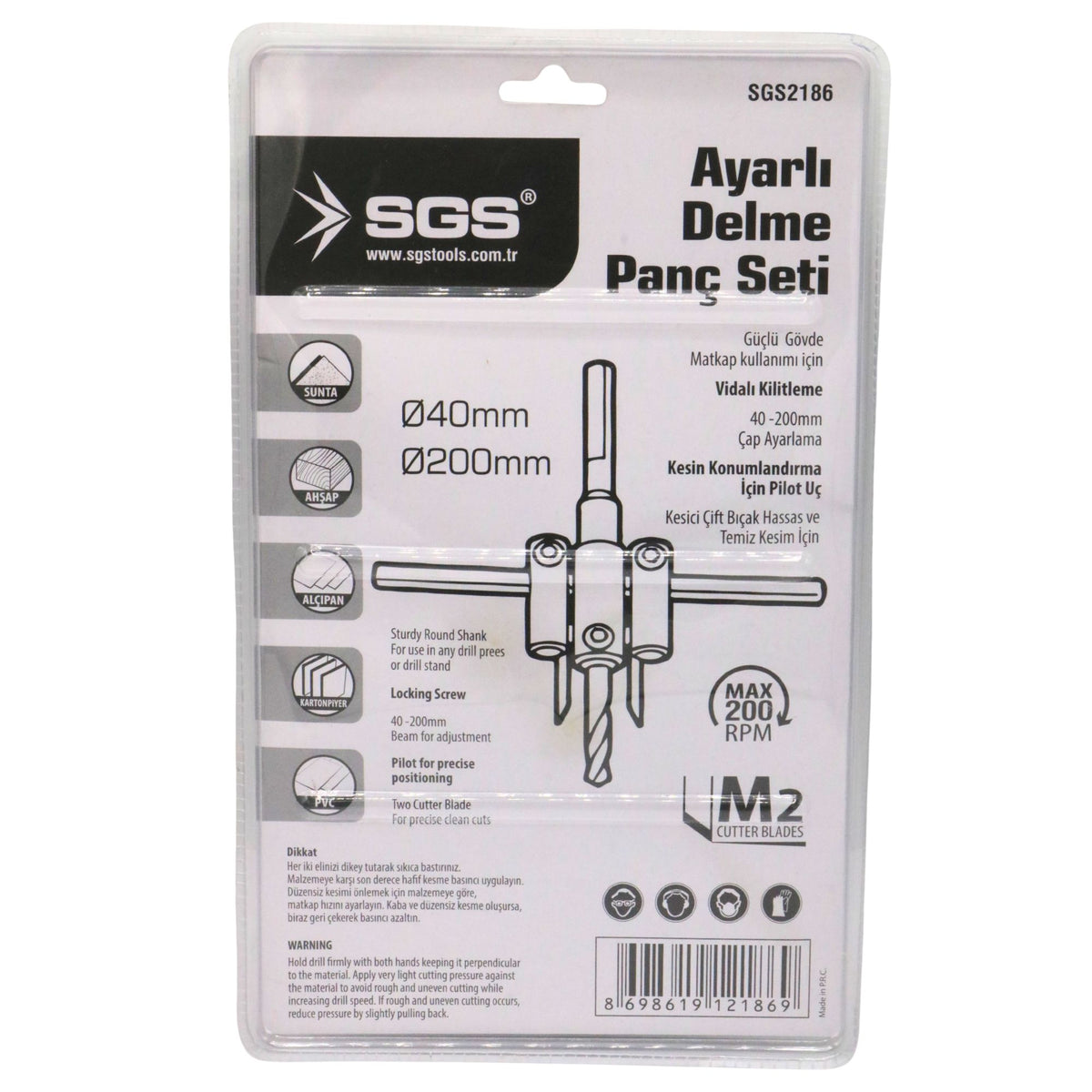 Set freză reglabilă pentru găuri circulare SGS, diametru ajustabil Ø40–200 mm, pentru lemn, MDF, PAL și PVC, corp metalic, tăiere precisă