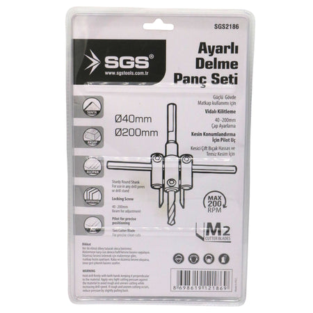 Set freză reglabilă pentru găuri circulare SGS, diametru ajustabil Ø40–200 mm, pentru lemn, MDF, PAL și PVC, corp metalic, tăiere precisă