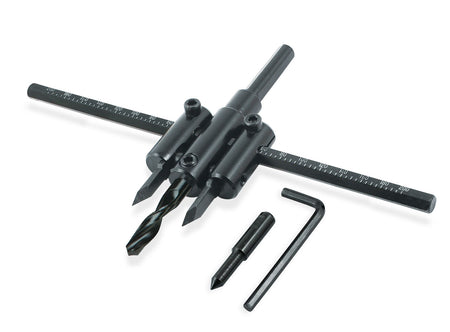 Set freză reglabilă pentru găuri circulare SGS, diametru ajustabil Ø40–200 mm, pentru lemn, MDF, PAL și PVC, corp metalic, tăiere precisă