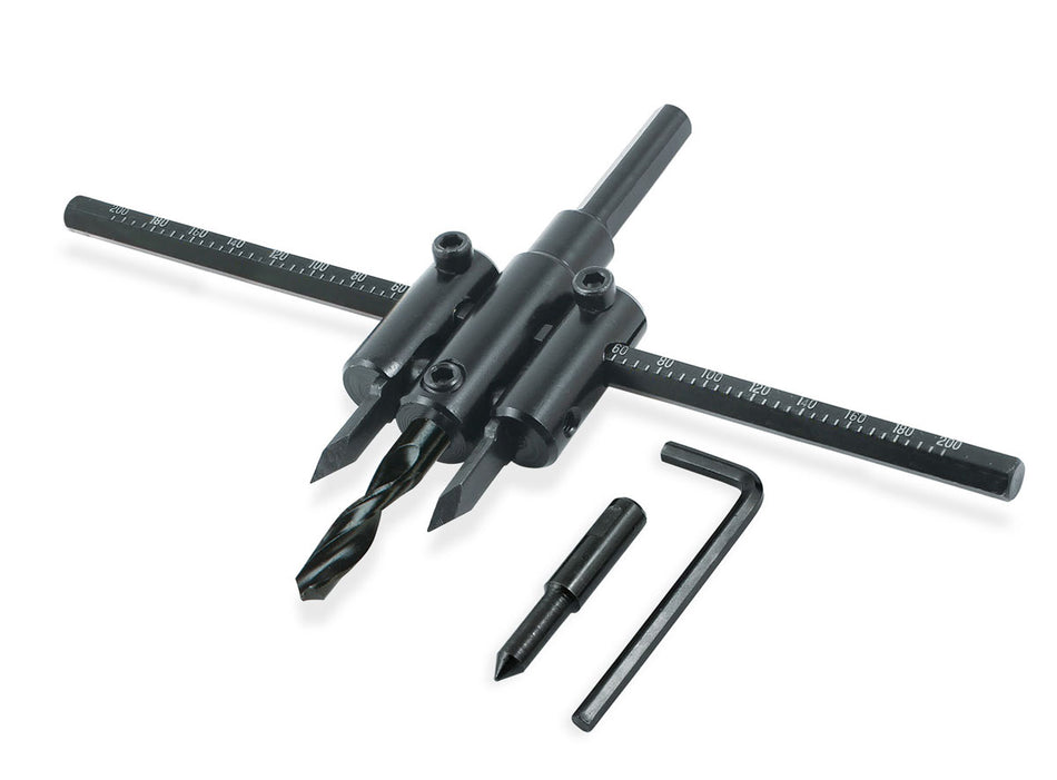 Set freză reglabilă pentru găuri circulare SGS, diametru ajustabil Ø40–200 mm, pentru lemn, MDF, PAL și PVC, corp metalic, tăiere precisă