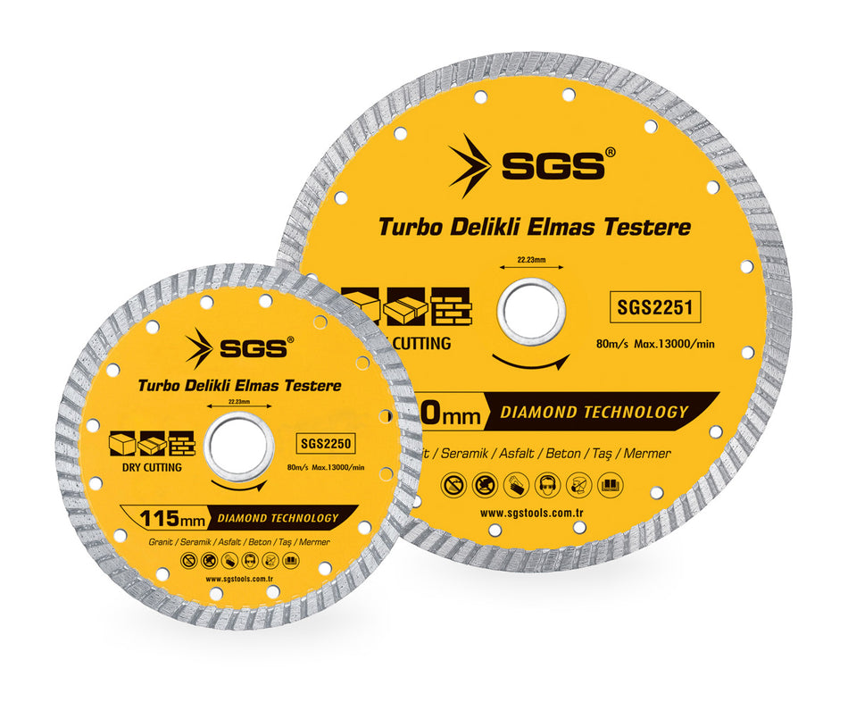 Disc diamantat turbo perforat SGS2250, 115 mm x 22,23 mm, pentru granit, ceramică, beton, piatră și marmură