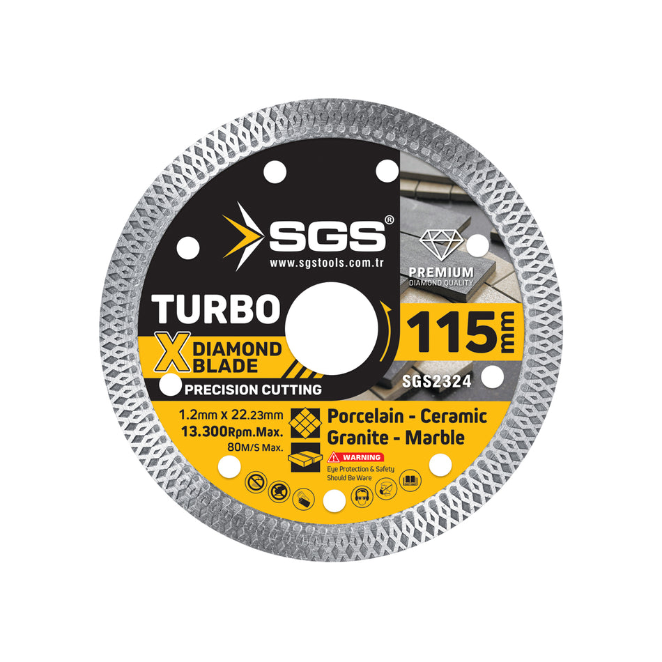Disc diamantat turbo SGS2324 X Diamond Blade, 115 x 1,2 x 22,23 mm, pentru porțelan, ceramică, granit, marmură