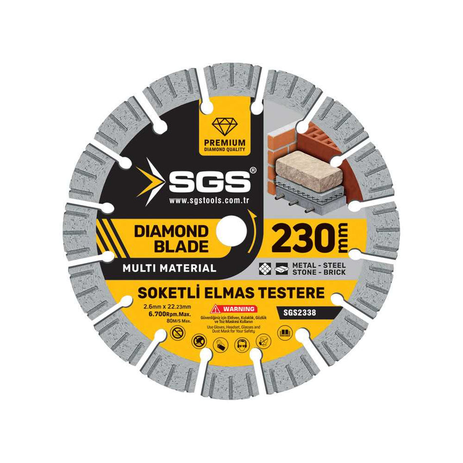 Disc Diamantat Segmentat Profesional SGS 230 mm – Multi-Material, pentru Beton, Granit, Cărămidă și Metal, Prindere Ø22.23 mm