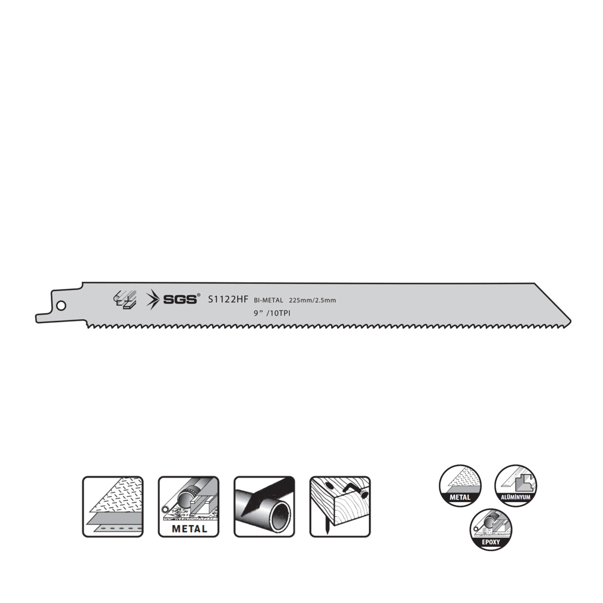 Set 5 pânze sabie metal S1122HF BI-METAL 225 x 2.5 mm, HSS, pentru metal, aluminiu și țevi