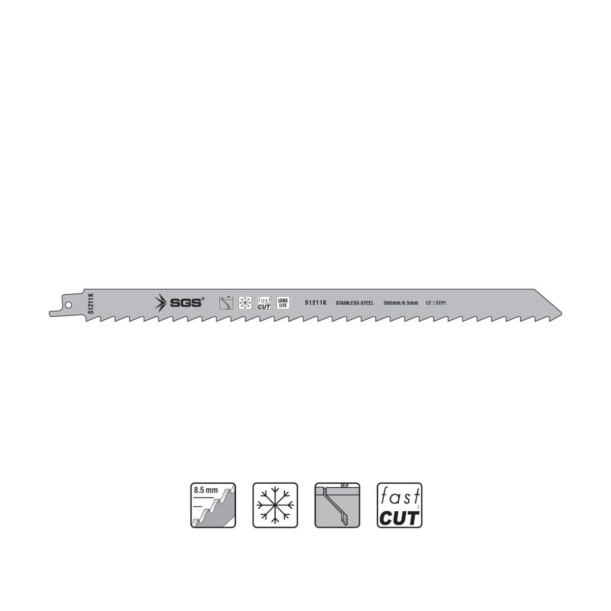 Set 5 pânze sabie S1211K inox 300×8.5 mm, 3TPI, pentru lemn, os, metal și PVC