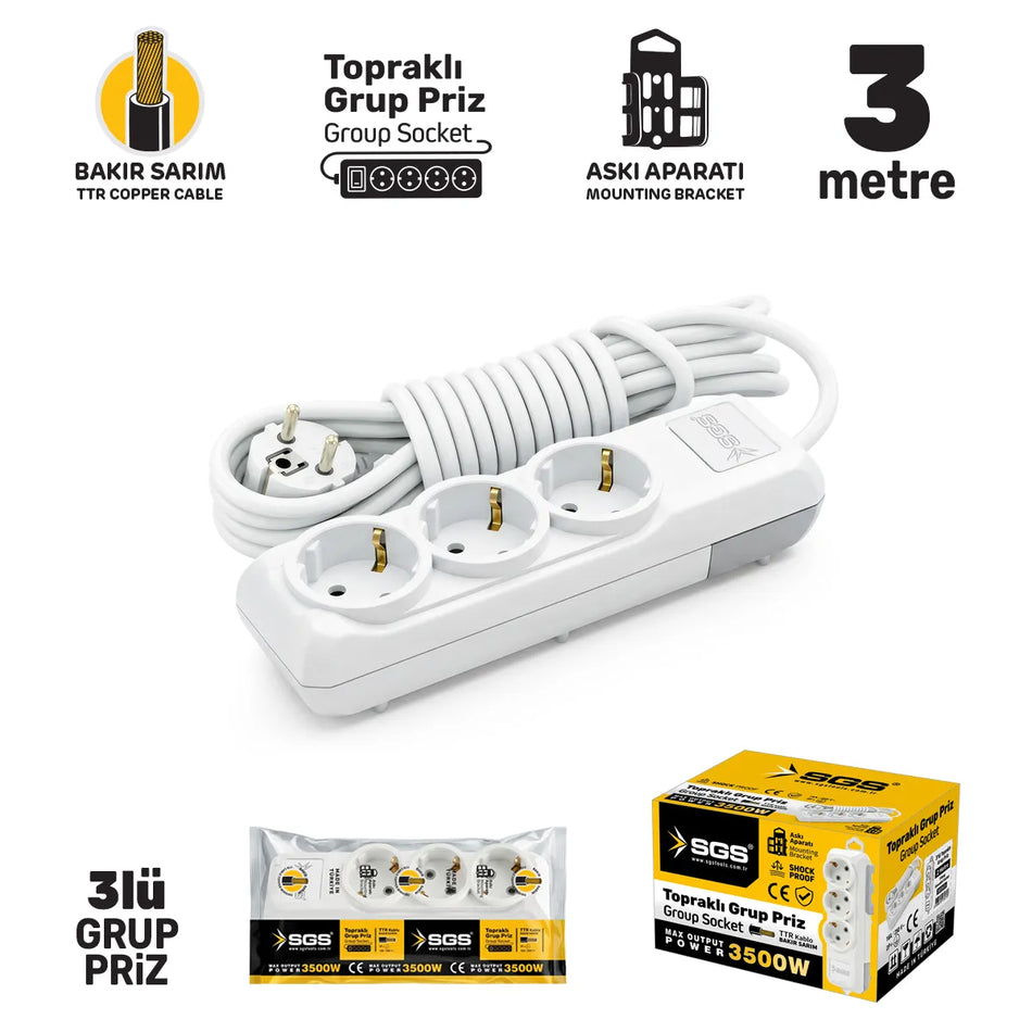 Prelungitor cu 3 prize, 3 m, 3500 W, SGS