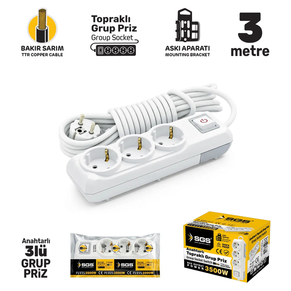 Prelungitor cu 3 prize, întrerupător, 3 m, 3500 W, SGS