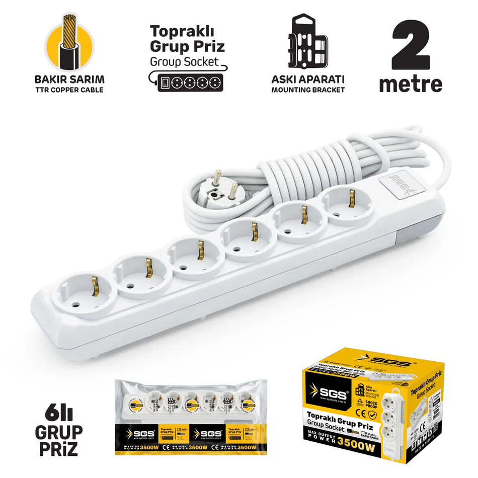 Prelungitor cu 6 prize, 2 m, 3500 W, SGS