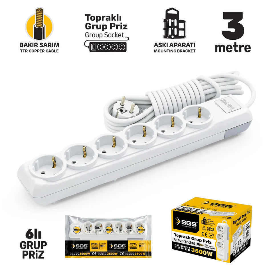 Prelungitor cu 6 prize, 3 m, 3500 W, SGS