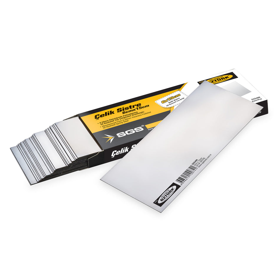 Racletă Profesională din Oțel SGS409 – 6 x 15 cm, Grosime 0.50 mm, 50 Rockwell, pentru Glet și Finisaje