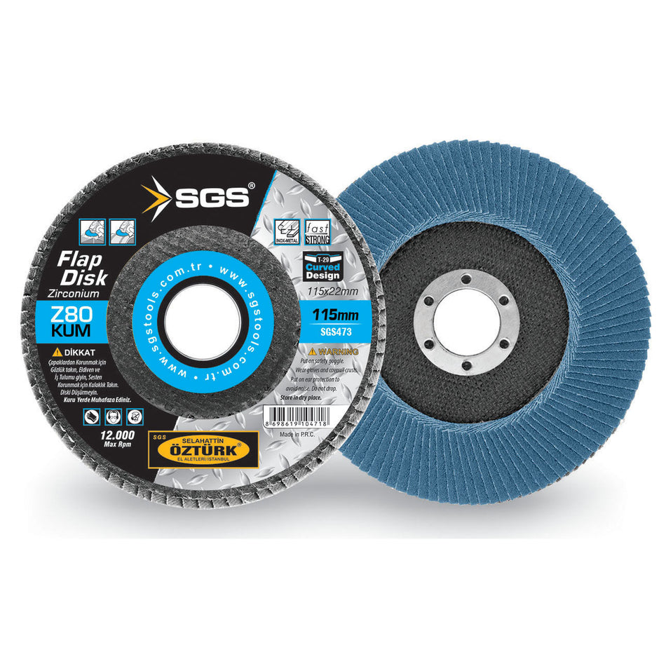 Disc Lamelar (Flap Disc) SGS473 Zirconium Z80, Ø115 mm x 22,2 mm, profil curbat, finisare metal/inox