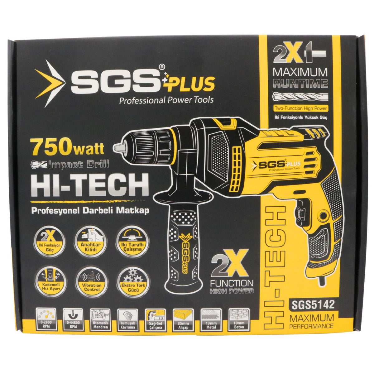 Bormașină cu percuție, 750W, 2800 RPM, 2 moduri, mandrină 13 mm, Funcție Impact, mâner suplimentar, SGS HI-TECH