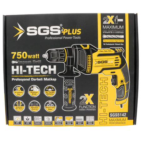 Bormașină cu percuție, 750W, 2800 RPM, 2 moduri, mandrină 13 mm, Funcție Impact, mâner suplimentar, SGS HI-TECH