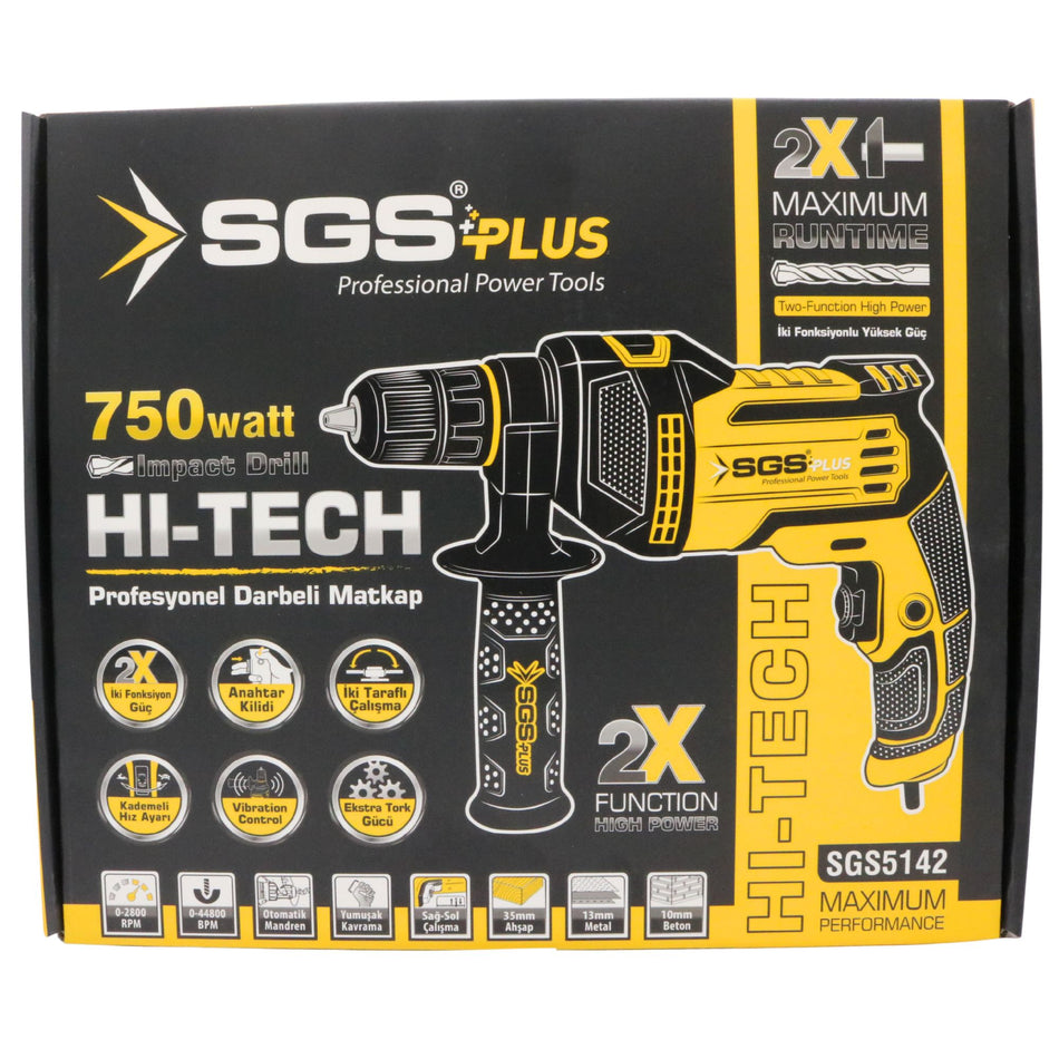 Bormașină cu percuție, 750W, 2800 RPM, 2 moduri, mandrină 13 mm, Funcție Impact, mâner suplimentar, SGS HI-TECH