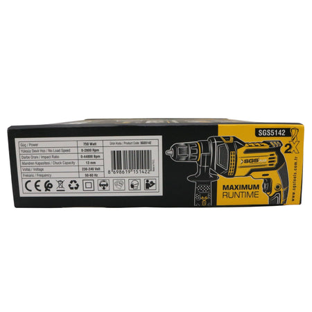 Bormașină cu percuție, 750W, 2800 RPM, 2 moduri, mandrină 13 mm, Funcție Impact, mâner suplimentar, SGS HI-TECH